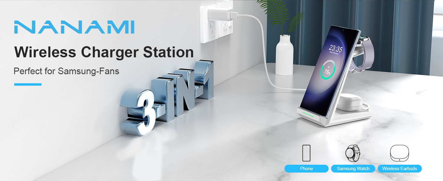 Бездротова зарядна станція NANAMI 3-в-1 для Samsung Galaxy Watch 7/6/5/4, Buds, S26/S25/S24/S22/Z Flip/Fold, Note 20 - Біла