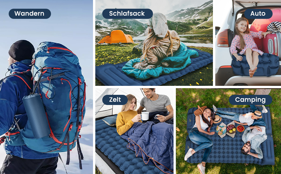 Надувний килимок для кемпінгу Tuocal Isomatte, 9 см, з вбудованим насосом, антиковзаюча поверхня, для відпочинку на природі, подорожей та наметів (блакитний)