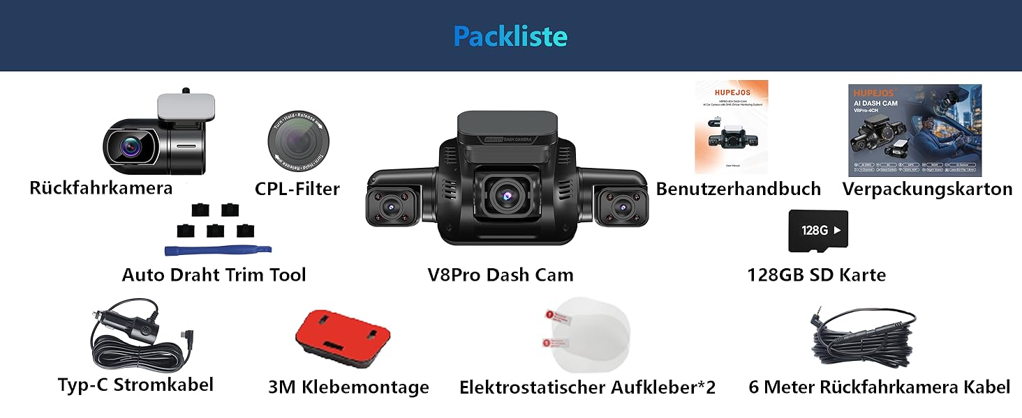 Відеореєстратор автомобільний HUPEJOS KI Dashcam V8Pro 4-камерний з монітором водія, 3K+ 3*1080P, 360°, WiFi, GPS, CPL, 128GB, 24H парковка