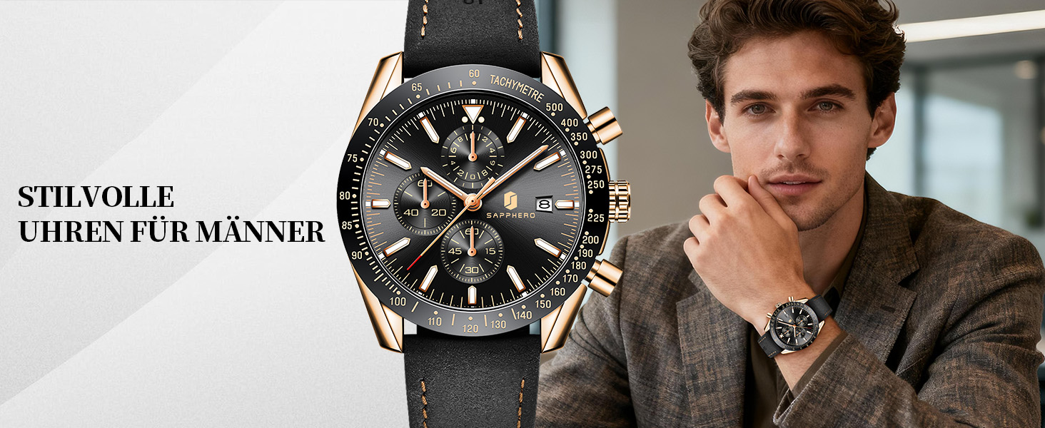 Годинник чоловічий BENYAR Chronograph з аналоговим кварцовим механізмом, шкіряний ремінець, стильний дизайн для бізнесу та спорту, водонепроникність 30M, елегантний подарунок для чоловіків (чорний ремінець/рожево-золотий корпус/чорний циферблат)