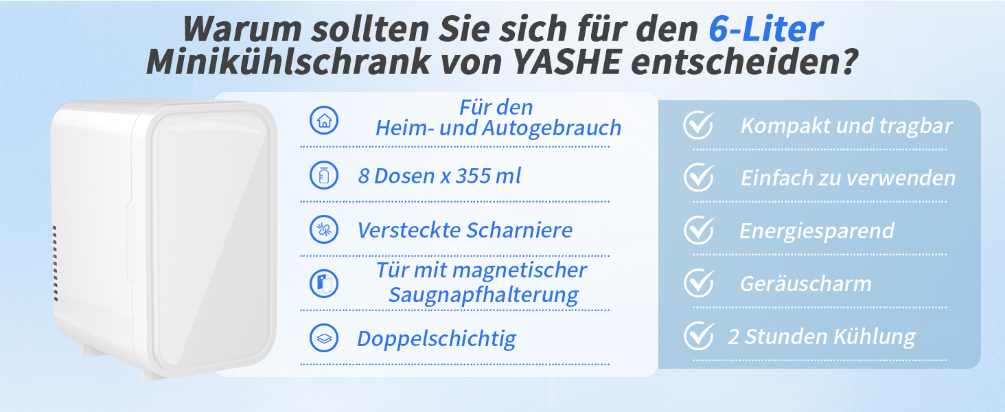 YASHE Mini Fridge - 6 Liter / 8 Can Portable Cooler - 220-240V AC/DC - Black - For Bedroom, Skincare, Drinks, Office, Dorm & Car