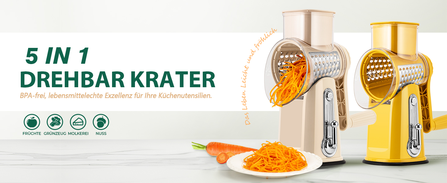 Тертка для овочів STEAS з ручкою - терка для сиру, овочів, фруктів з 5 насадок, міцним присоском, контейнером для ножів (Бежева)