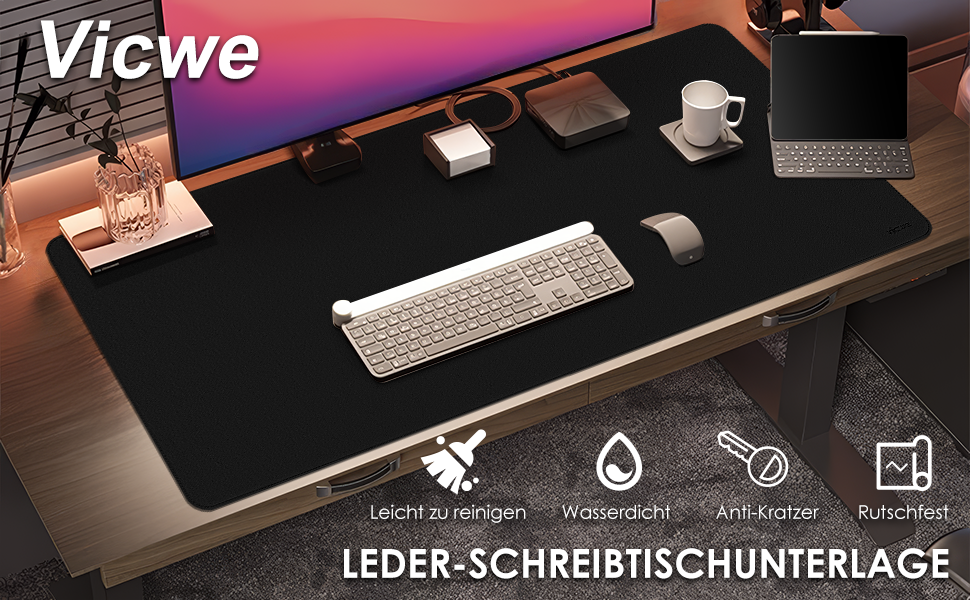 Килимок для миші та столу Vicwe з екошкіри PU, 90x43 см, чорний - захист для офісу та дому