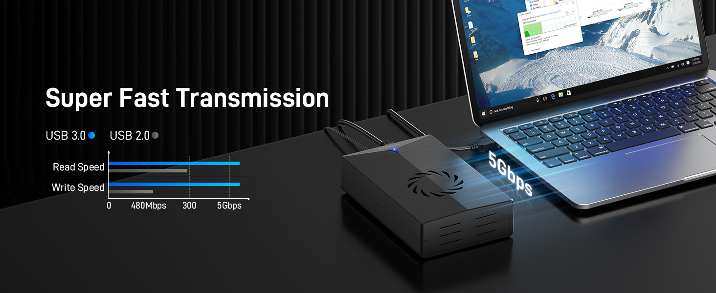 Док-станція FIDECO для HDD/SSD 2.5'' та 3.5'' SATA, USB 3.0 5Gbps, зовнішній корпус для жорстких дисків з вентилятором та підтримкою UASP