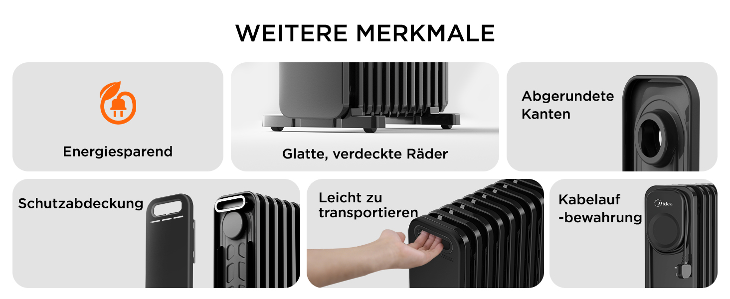 Електричний масляний радіатор Midea 2000W з 9 ребрами, термостатом та захистом від перегріву, тихий нагрівач для дому та офісу, чорний