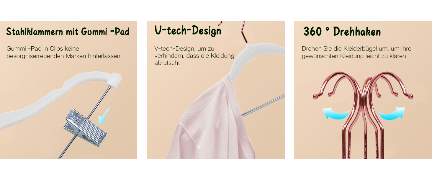 Набір вішалок для штанів Stormix 24 шт. з кліпсами, 42 см, рожево-золоті гачки, для штанів, спідниць, суконь, курток, пальто