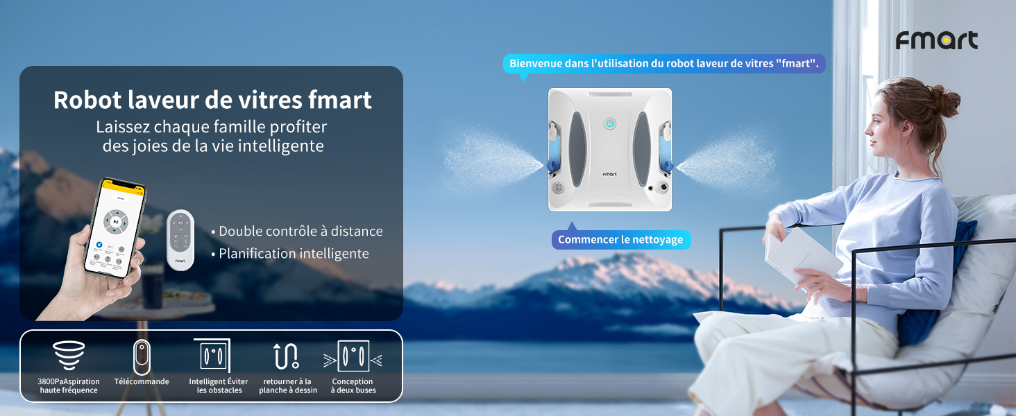 Робот для миття вікон Fmart W6 з подвійним розпиленням, 60 мл резервуар, 3800 Па, автоматичне очищення, виявлення країв