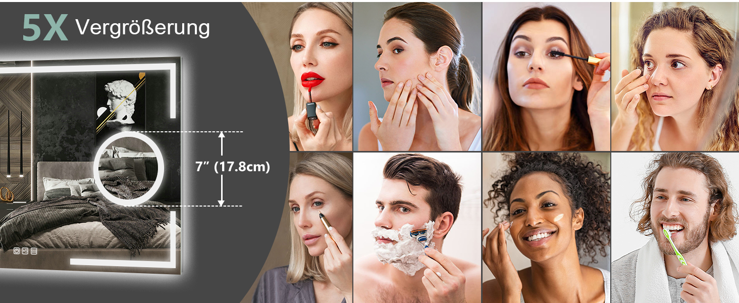 Дзеркало для ванної кімнати S'bagno з підсвічуванням 100x70 см, 5x збільшення, LED, алюмінієва рама, протитуманне покриття, 3 кольори, диммування, пам'ять, HD скло, IP44, без Bluetooth