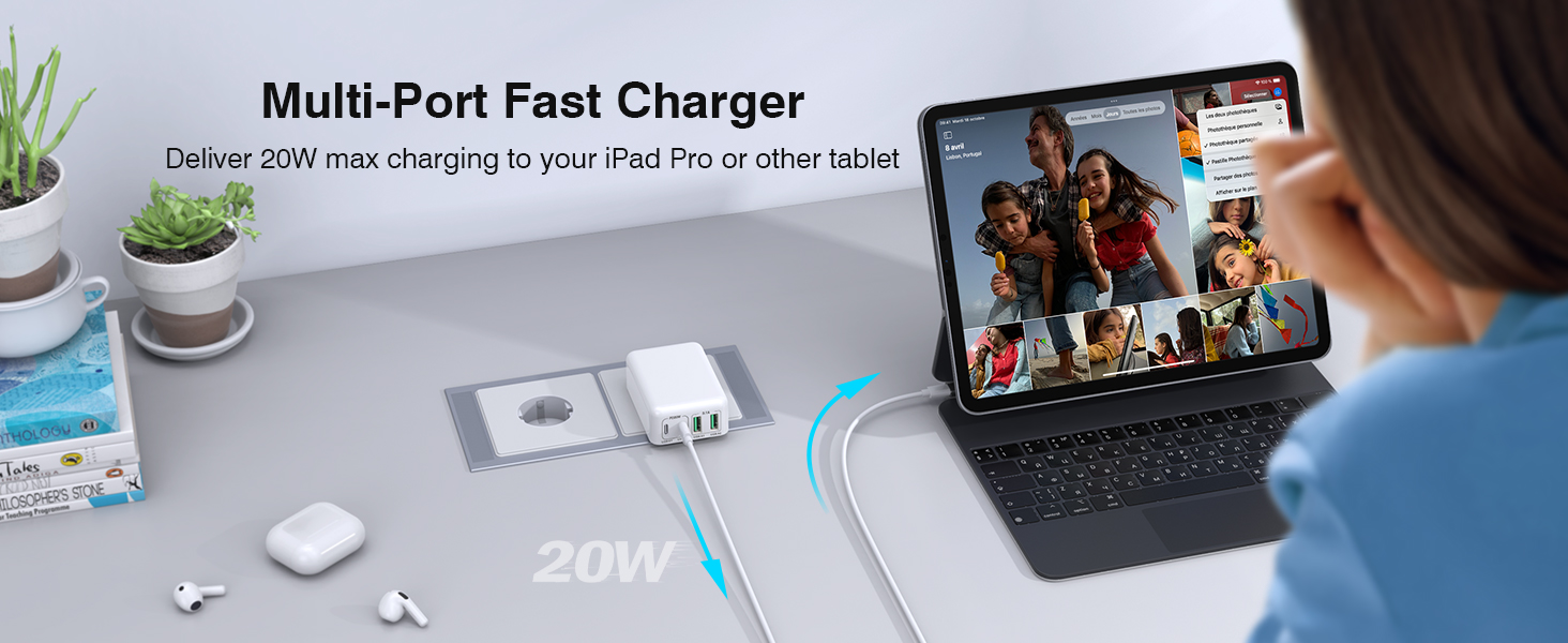 Зарядний пристрій USB-C 65W з 3 портами, кабель 2м, для MacBook, iPhone, Switch, Galaxy, Tablet, Laptop