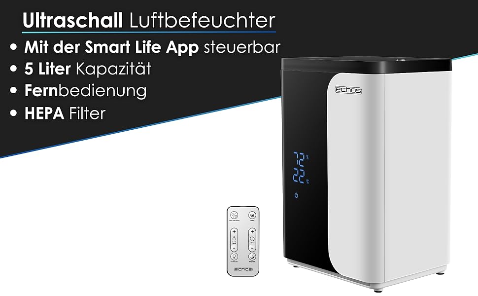 Ультразвуковий зволожувач повітря 5 л з Wi-Fi, керуванням через додаток Smart Life, пульт дистанційного керування, функція очищення повітря, вбудований гігрометр, LED-дисплей, таймер 12h, нічний режим, функція теплого/холодного пару, HEPA-фільтр