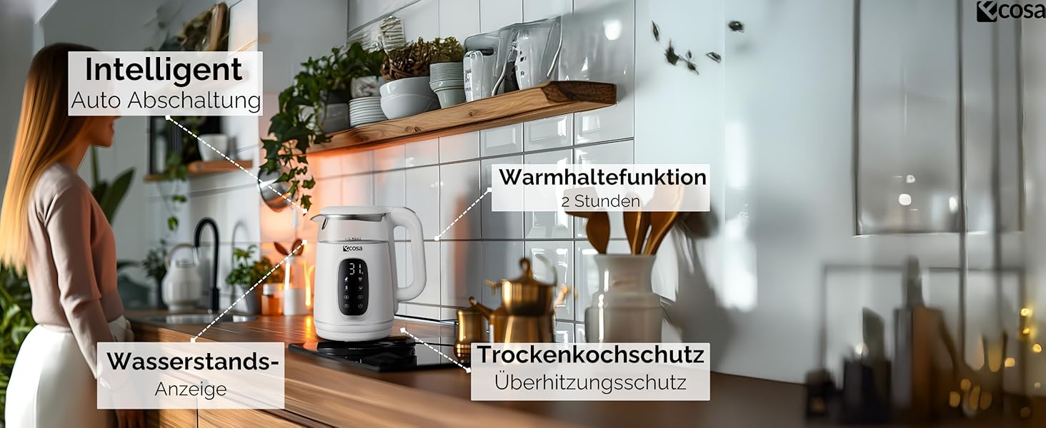 Електричний чайник Ecosa® зі скляною колбою та нержавіючою сталлю, 1.7 л, 2200 Вт, регулювання температури 40-100°C, функція підігріву, LED-підсвічування, без BPA (Woldo White)