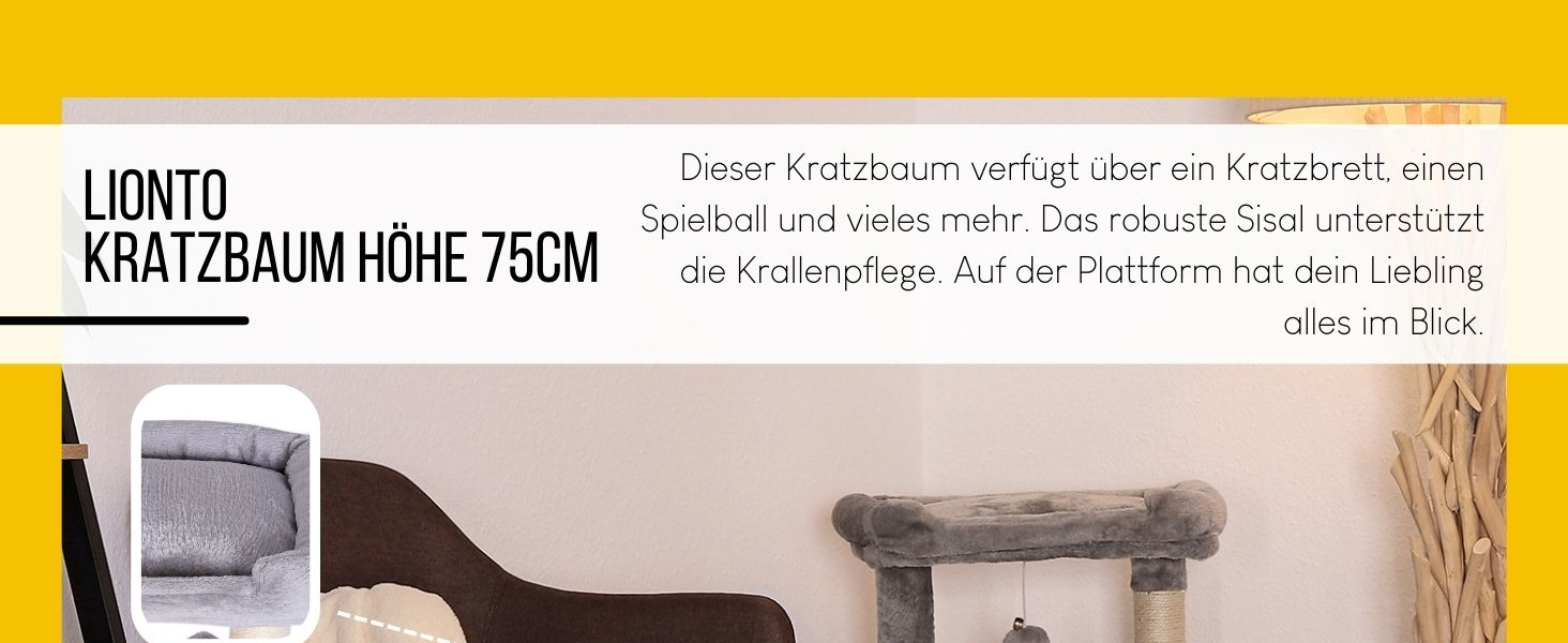 Котячий будиночок Lionto з лежанкою та печерею, 75 см, з сизалевого мотузка та плюшу, 2 м'ячики з дзвіночками, для кошенят та дорослих котів, сірий