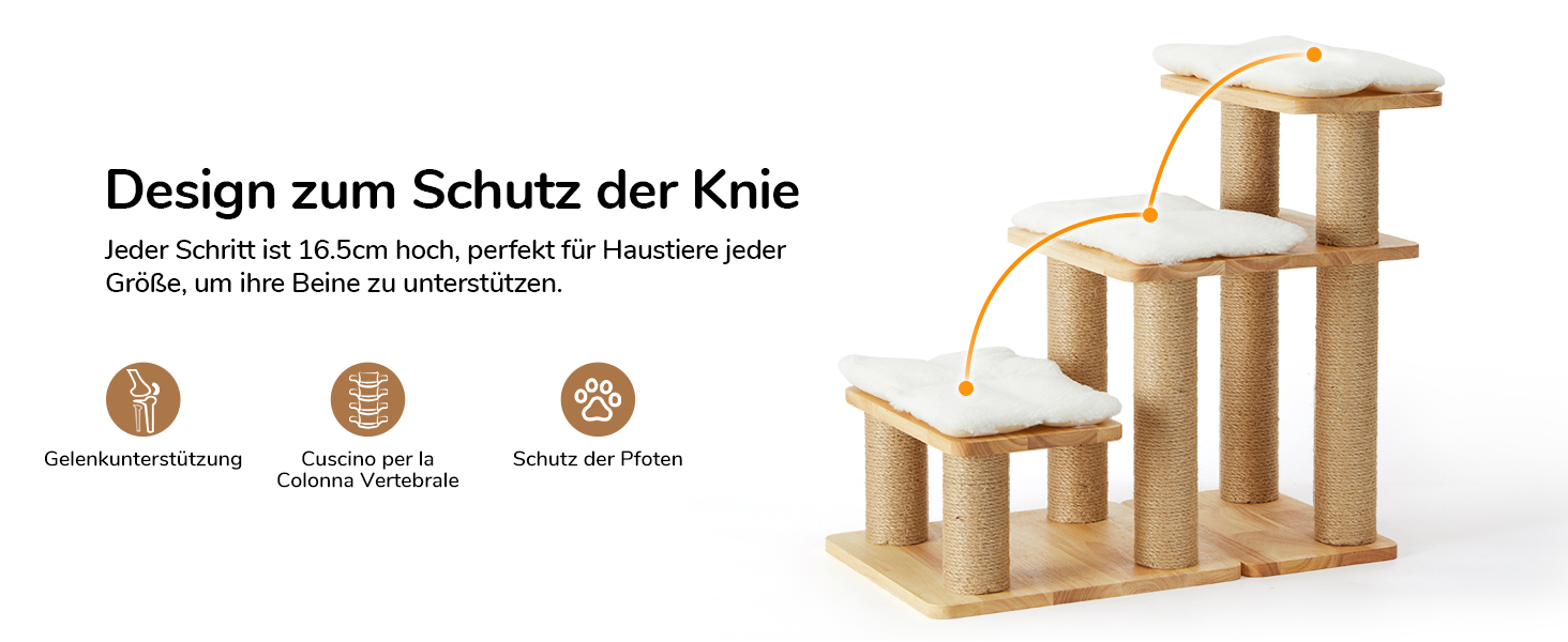 Сходинки для собак FUKUMARU, 3 сходинки, для домашніх тварин, з натурального гумового дерева та джуту, регульована висота 18-51 см, витримує до 90 кг, знімний м'який килимок, 6 варіантів комбінації, білий килимок