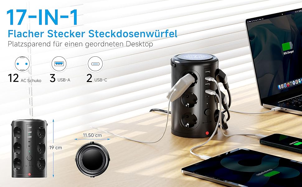 Багаторозеткова мережева панель Pluackg з 5 USB, 12 розеток, захистом від перенапруги, 2м кабелем, чорна