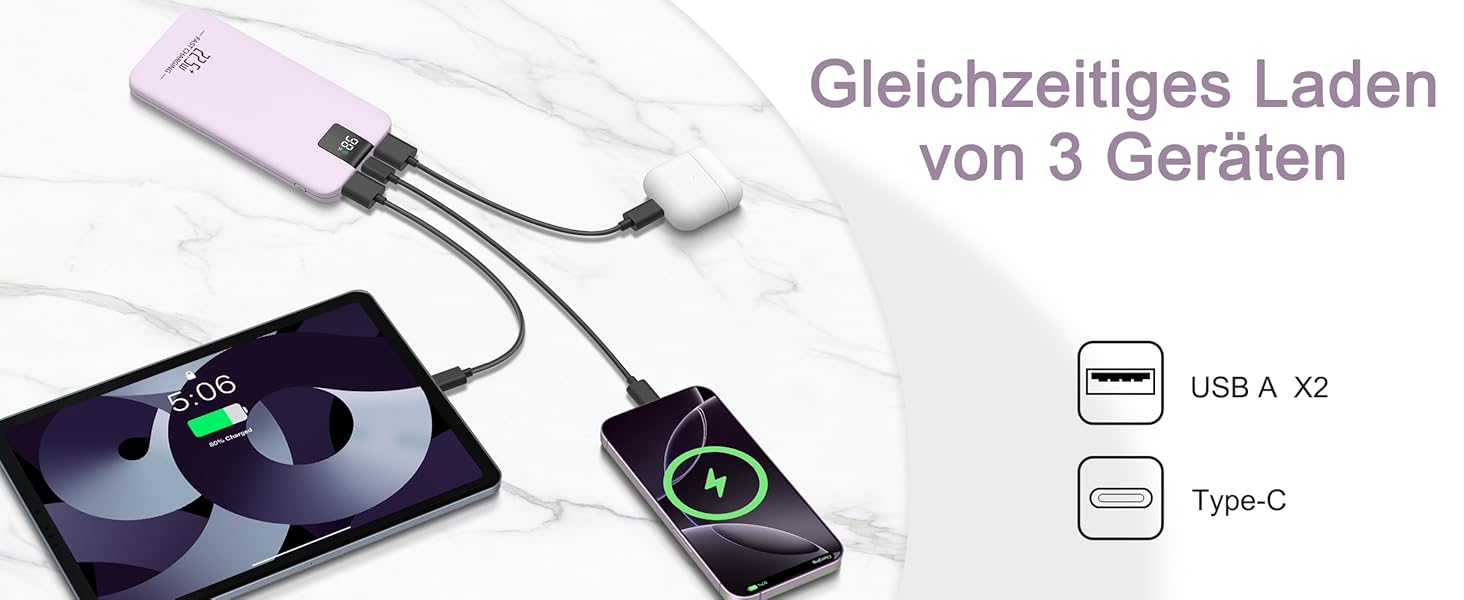 Powerbank 10000mAh 22.5W з LCD-дисплеєм, 3 виходи та 2 входи, USB C, фіолетовий