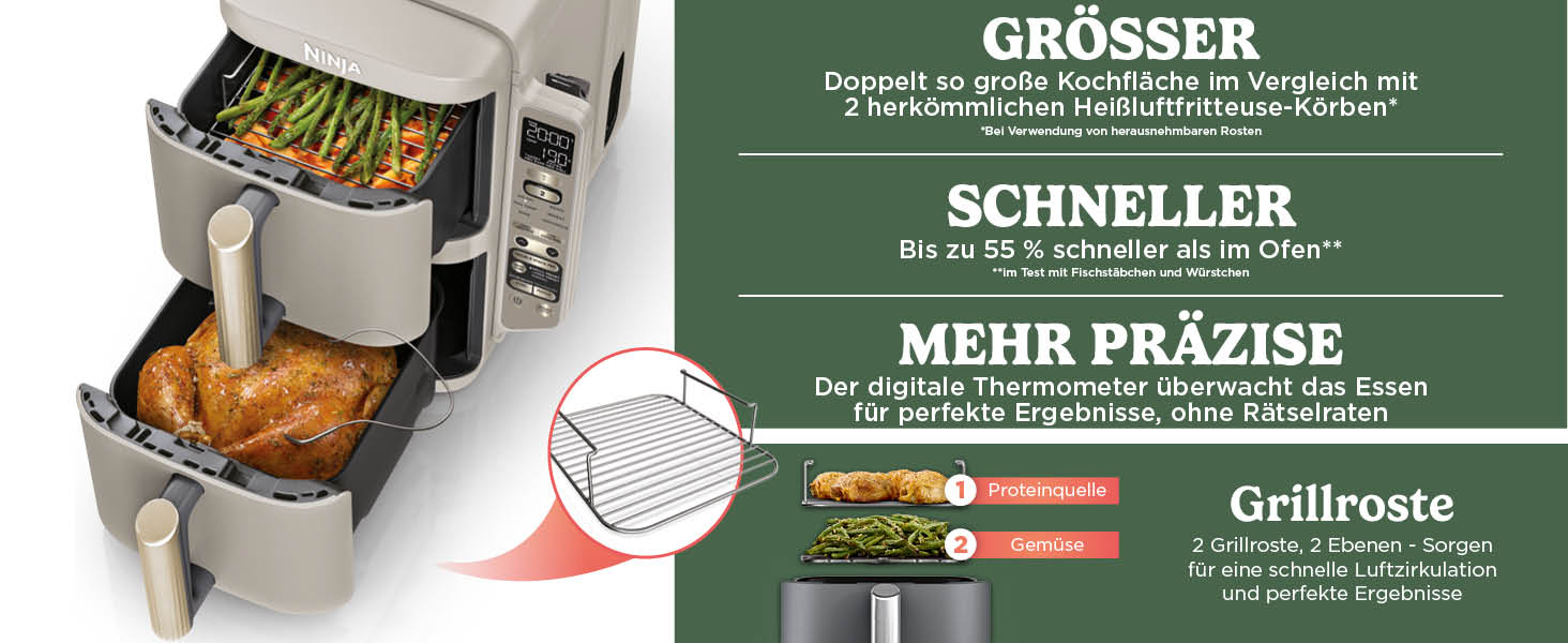 Ninja Foodi FlexDrawer AF500EUSD - Аерофритюрниця з двома зонами 10.4 л, MegaZone, антипригарне покриття, колір - золотий