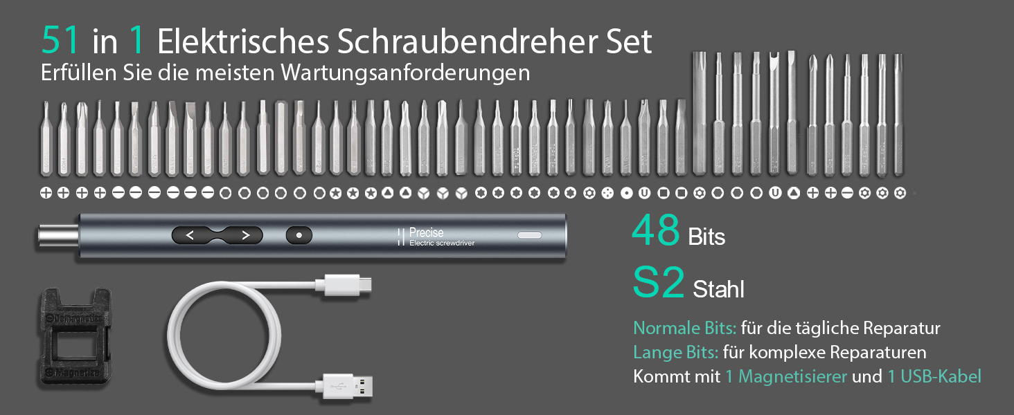 Електричний набір викруток ORIA, 51 в 1: міні-шуруповерт з 48 свердлами S2, набір для ювелірів, акумуляторний, USB, магнітний, 3 рівня моменту для телефону, годинника, камери