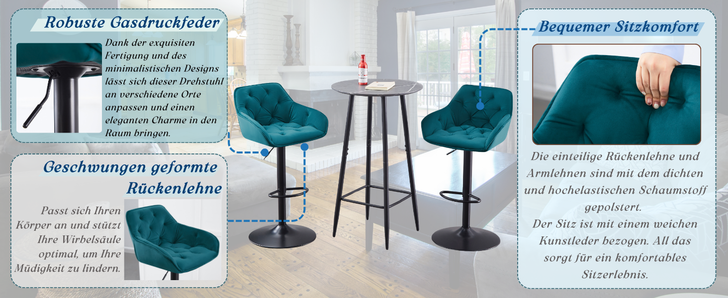 JaHECOME Adjustable Velvet Bar Stools (Set of 2) - Backrest, Kitchen Counter Height, Teal