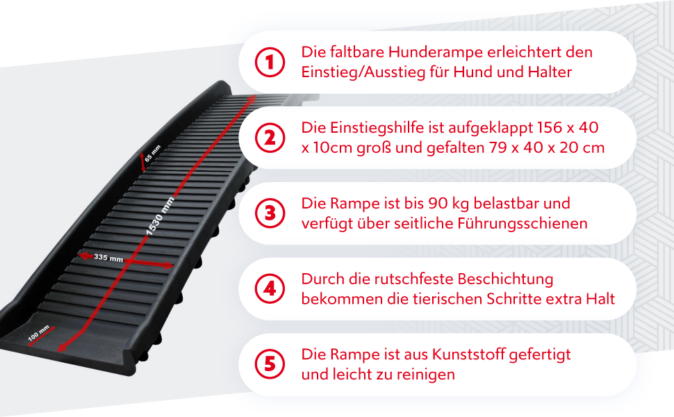 Рампа для собак Wiltec, 156x40 см, складана, з пластику, до 90 кг, протиковзка
