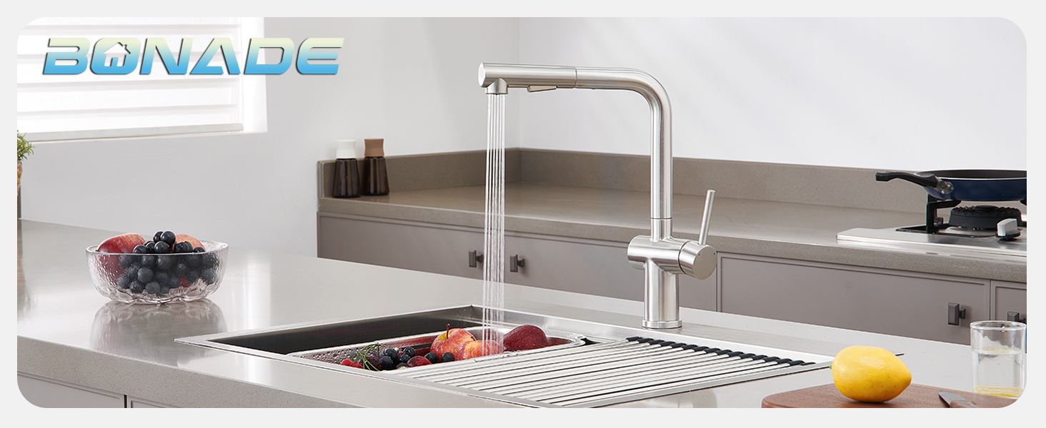 Змішувач кухонний з висувною лійкою, високого тиску, з двома режимами струменя, поворотний на 360°, L-подібний, з нержавіючої сталі (шліфований)