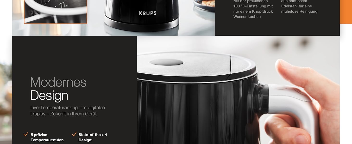 Електрочайник Krups Smart'n Light, 1,7 л, 5 температур, нержавіюча сталь, подвійна стінка, чорний