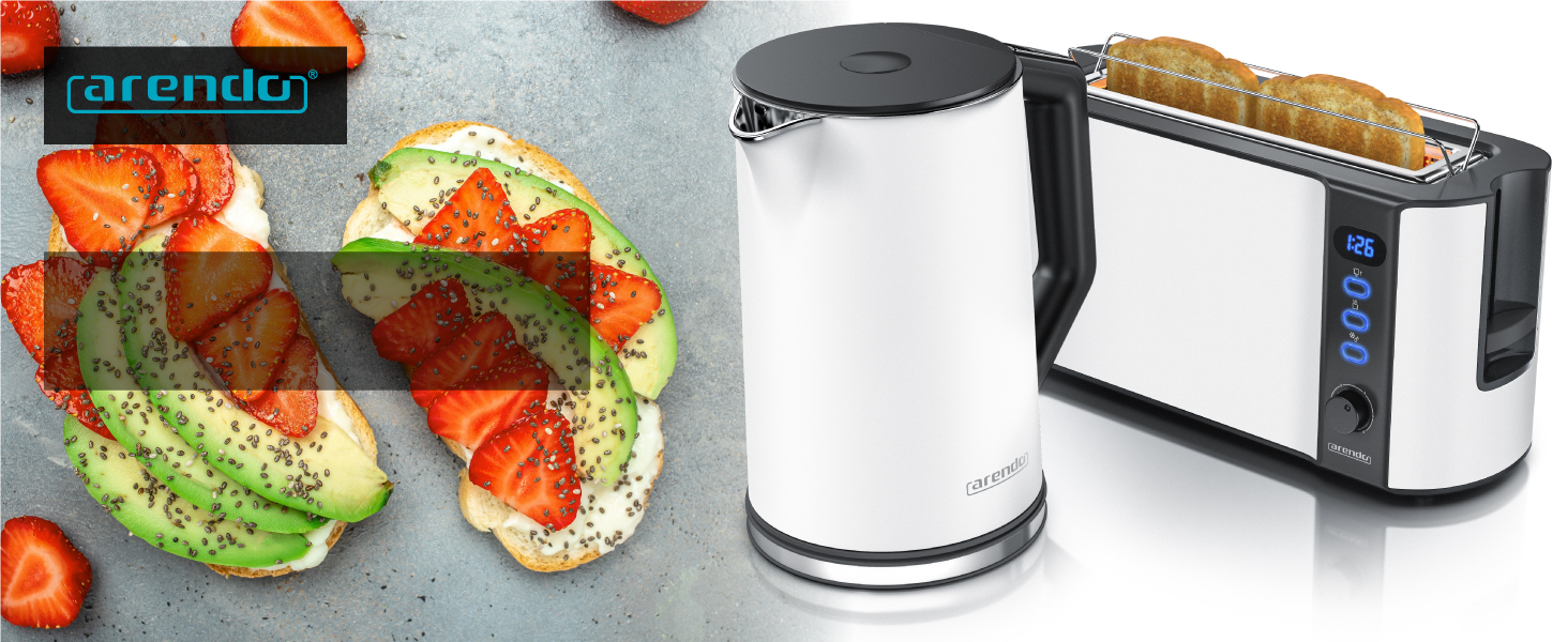 Набір чайник та тостер Arendo Edelstahl Schwarz, Чайник 1.5л з регулюванням температури, Тостер на 2 тости з LED-дисплеєм