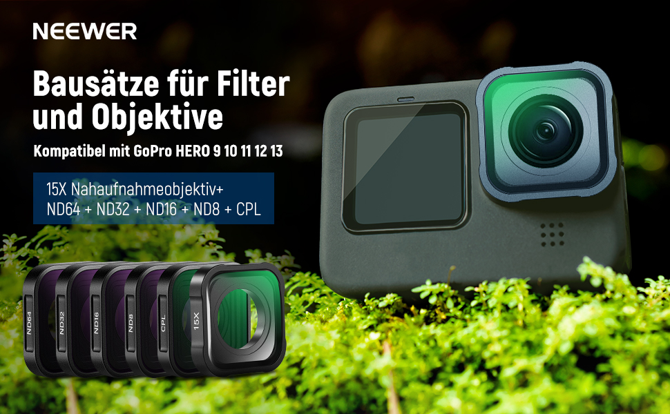 Набір фільтрів ND NEEWER (4 шт.) + лінза збільшення 15x для GoPro Hero 13/12/11/10/9, ND8/ND16/ND32/CPL, аксесуари для макрозйомки