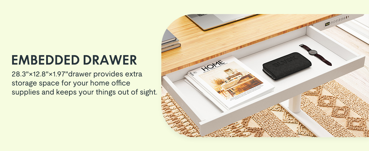 FLEXISPOT Electric Standing Desk with LED Display, Memory, USB & Drawer - 140x70cm Bamboo/White (with Qi Charging)