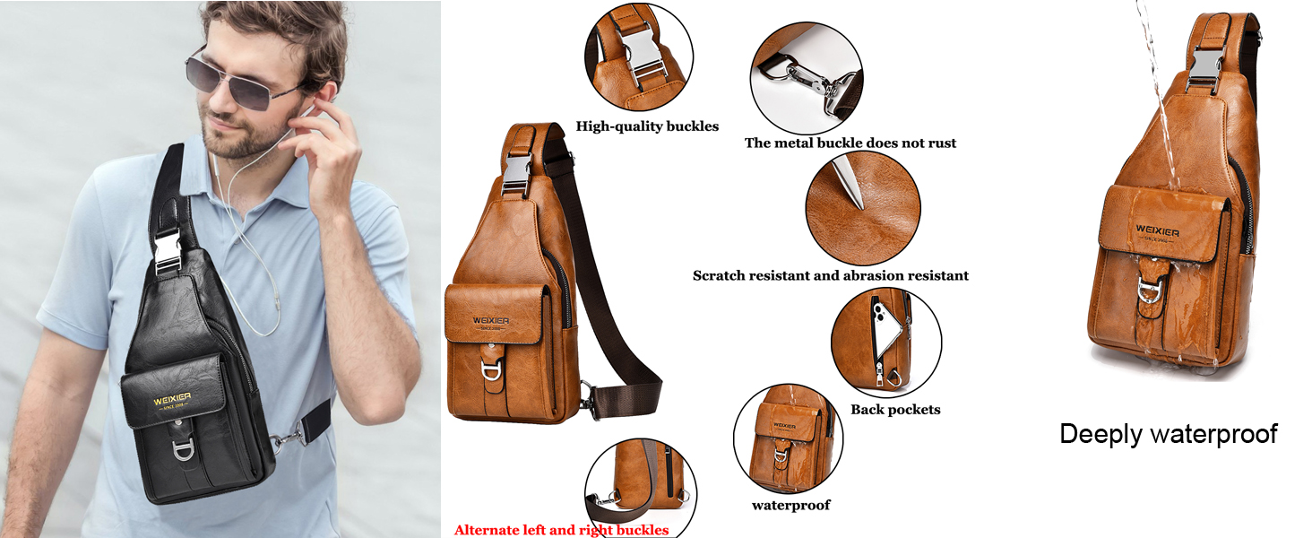 Чоловіча нагрудна сумка через плече з PU-шкіри, водонепроникна, світло-коричнева
