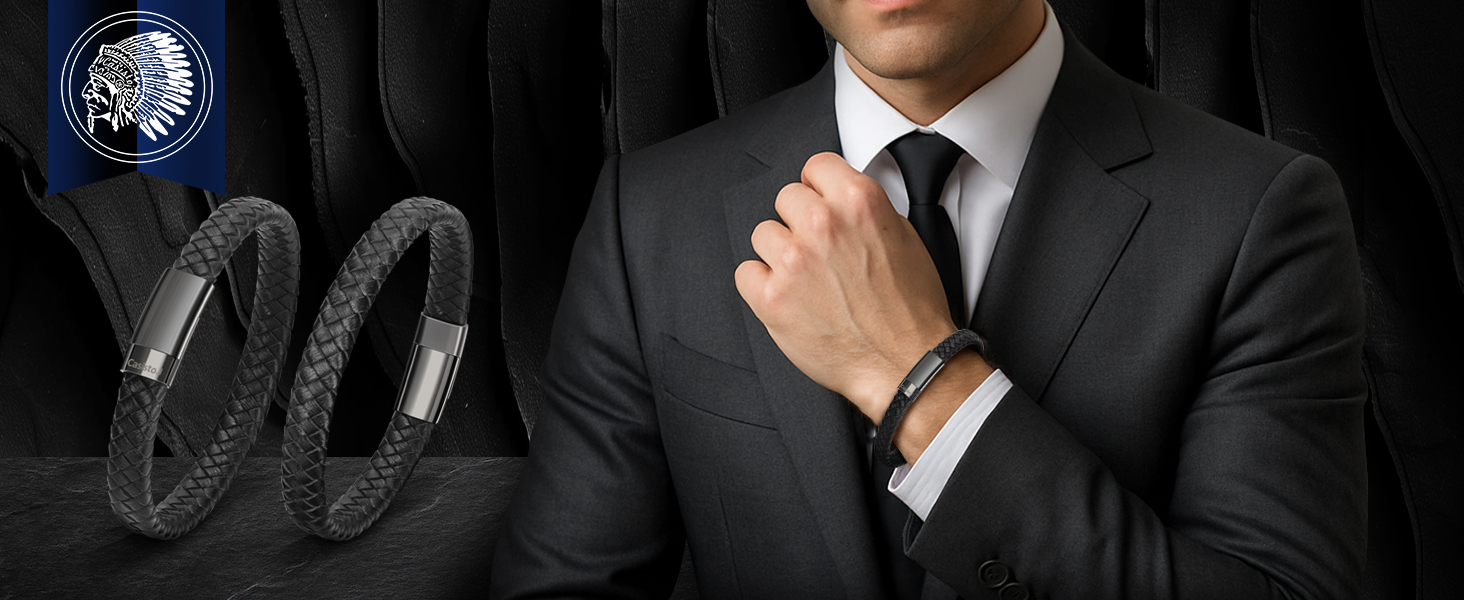 Чоловічий шкіряний браслет з плетінням та магнітним застібком Lederarmband 20 см, чорний