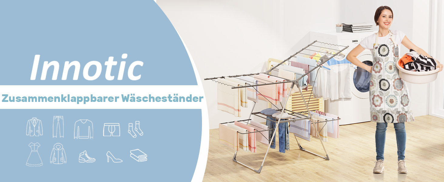 Сушарка для білизни Innotic - розкладна, портативна, з 4 крилами, регульована по висоті (сірий)