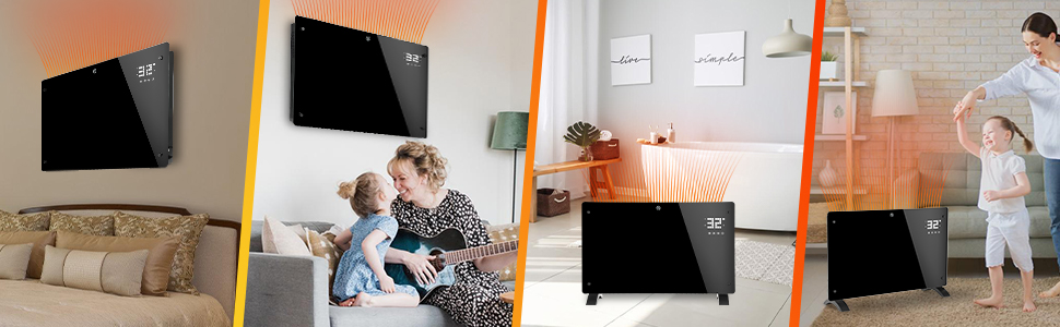 Скляний конвекторний обігрівач Daromigo 2000W з термостатом та Wi-Fi, IP24, настінний, енергозберігаючий, чорний