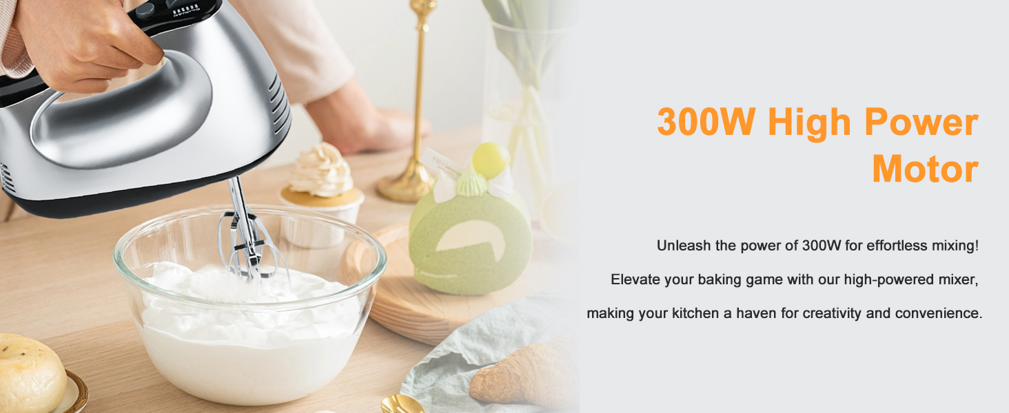 Електричний міксер Lychee з анти-розбризкуванням, 5 швидкостей (Turbo), база для зберігання, 6 насадок з нержавіючої сталі, 300W