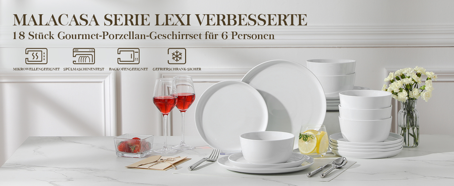 Набір посуду MALACASA LEXI 18 предметів: тарілки та миски, порцеляна, для 6 осіб, білий, сумісний з мийною машиною та мікрохвильовкою