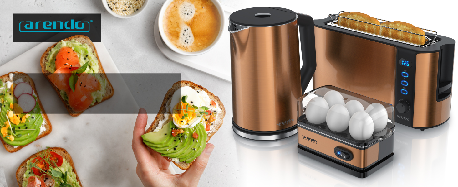 Набір чайник та тостер Rendo з нержавіючої сталі та міді: чайник 1.5л з контролем температури та функцією підтримки тепла, тостер на 4 тости з дисплеєм та 6 рівнями підсмажування, підставка для бургерів