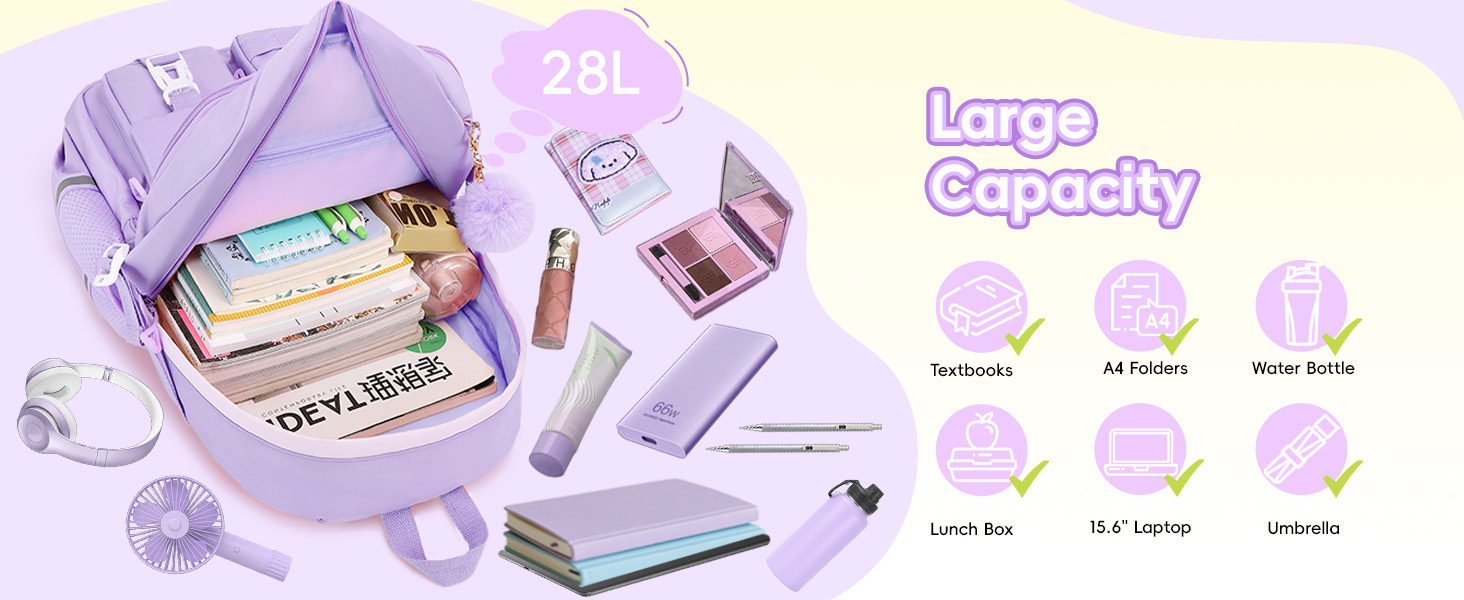 Шкільний рюкзак Tanou для дівчаток-підлітків, 9-16 років. Великий, водонепроникний, з брелоком (чорний)