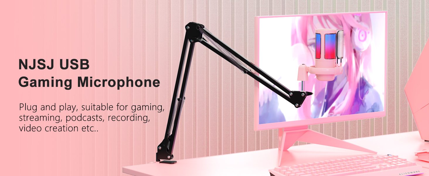 Мікрофон для ПК NJSJ Gaming з тримачем, USB мікрофон для MAC PS4 PS5, рожевий. З кнопкою вимкнення звуку, навушниками, поп-фільтром. Конденсаторний мікрофон для стрімінгу та подкастів