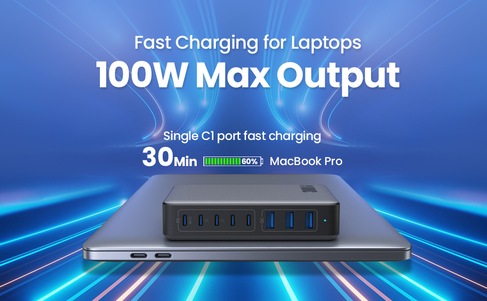 Зарядний пристрій USB C 300W, 8 портів, швидка зарядка 100W PD PPS для ноутбука, MacBook, iPad, iPhone 16/15/14, Samsung – Чорний