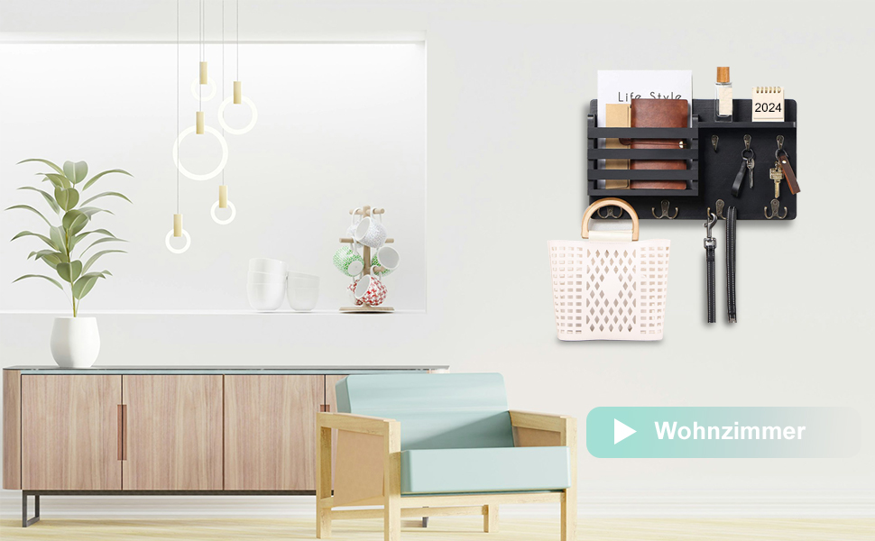 Настінна вішалка для ключів з дерев'яною поштою та полицею, ключниця на стіну, дерев'яне ключове тримач, 4 гачки, рустикальний декор для входу, передпокою, офісу, чорний