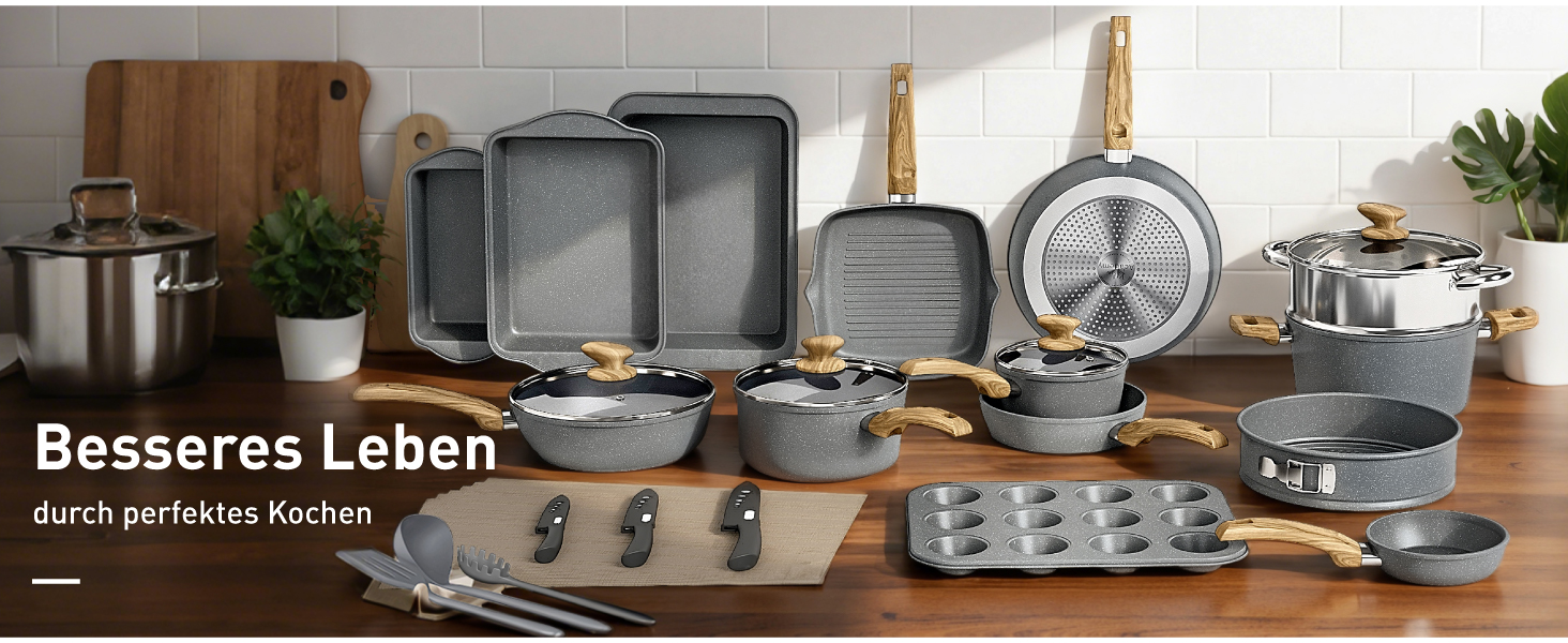 Набір гранітних каструль та сковорідок Kitchen Academy для індукційних плит, 30 предметів, сірий