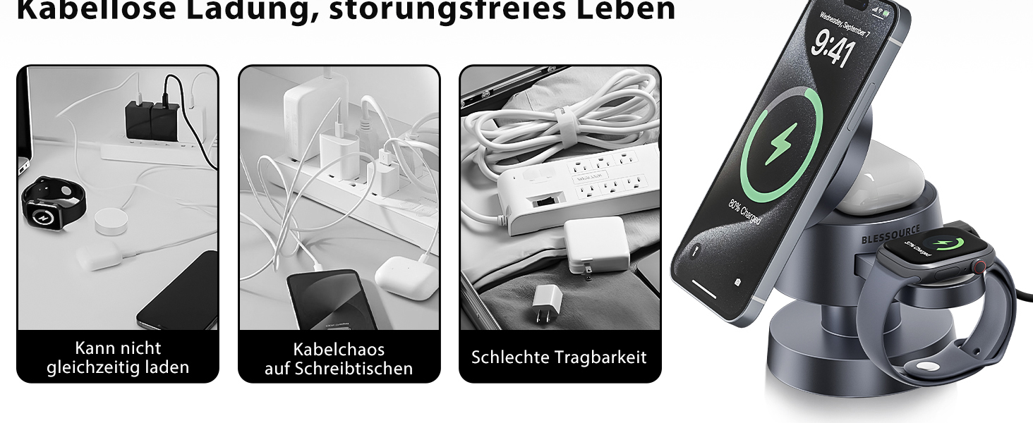 База для бездротової зарядки 4-в-1 для iPhone 17/16/15/14 Pro Max з нічним світлом, сумісна з Apple Watch та AirPods (сіра)