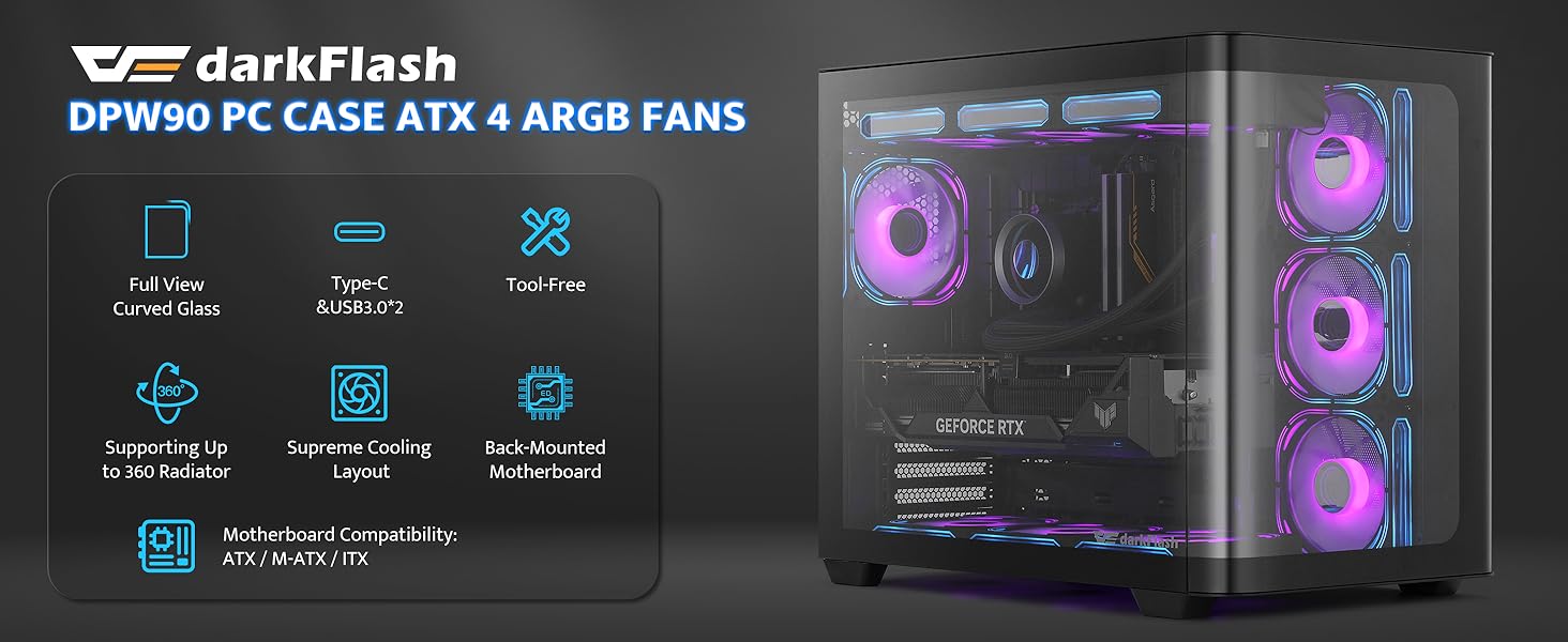 darkFlash ATX корпус для ігрового ПК Mid-Tower, 4 ARGB вентилятори, прозора передня панель, 2 камери, Typ-C, підтримка 2x360 AIO, чорний (DPW90)