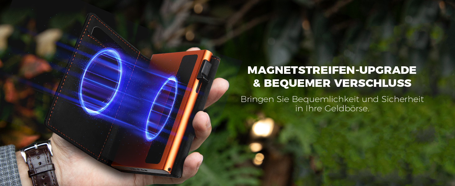 Портмоне DODENSHA® MagSnap для чоловіків з RFID захистом, відділенням для AirTag, картхолдером та відділенням для монет. Чорно-помаранчевий колір.