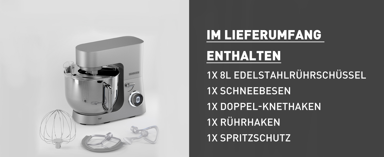 Кухонна машина Heinrichs з подвійним гаком для тіста, міксер, 2500W, 8L чаша з нержавіючої сталі, 8 швидкостей, тиха робота, колір