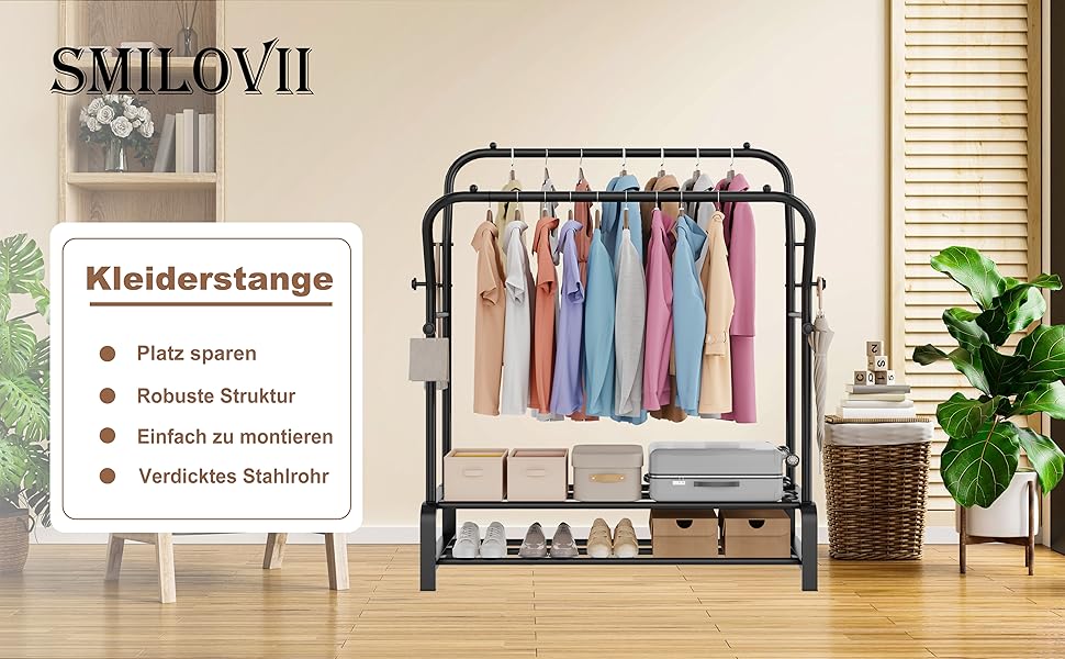 Вішалка для одягу металева подвійна Stabil з 8 гачками та 2 полицями для взуття, чорна – функціональна стійка для спальні