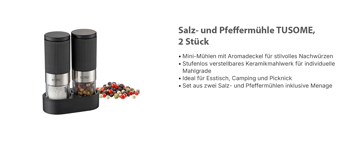 Набір мельниць для солі та перцю GEFU TUSOME, 2 шт. – міні мельниці з регульованим керамічним механізмом та кришками для аромату. Включає набір для сервірування столу |