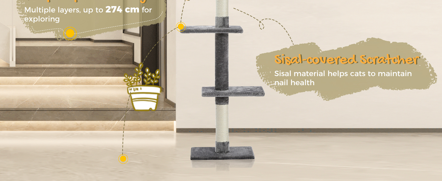 Комплекс для котів PAWZ Road, 5-ярусний, від підлоги до стелі, регульована висота, багатофункціональний: кігтеточка, ліжко, іграшка-кулька (сірий)