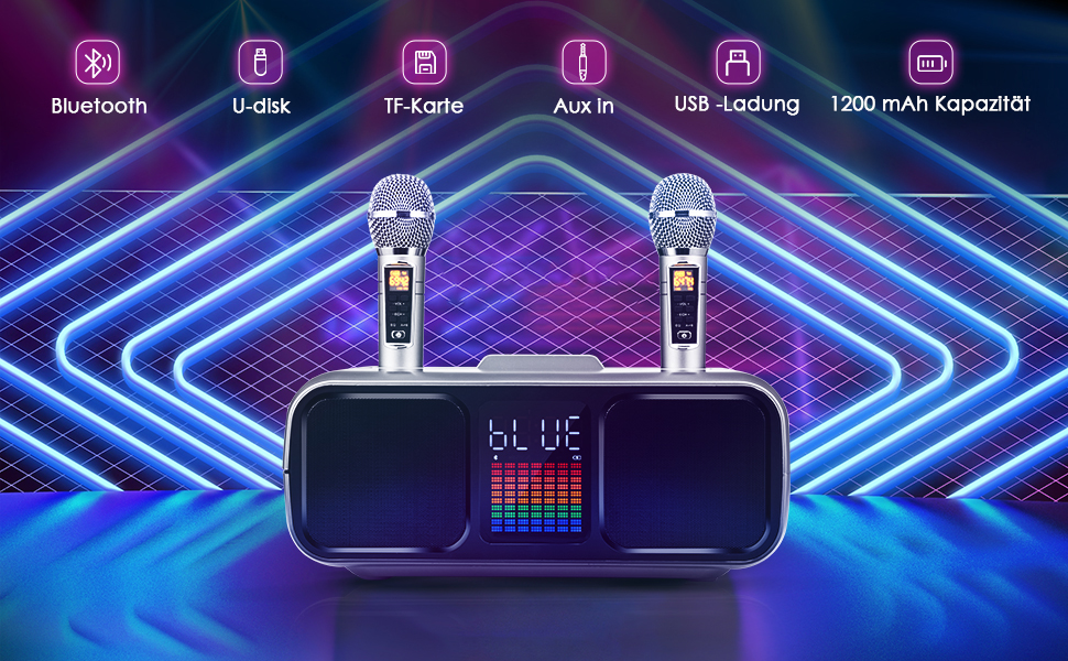 Караоке Машина з 2 Бездротовими Мікрофонами, Bluetooth Колонка з Сенсорним Екраном, LED-підсвічуванням та Підставкою для Телефону, Караоке Колонка для Дітей з USB/TF/AUX (Срібна)