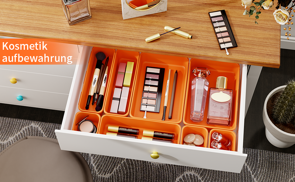 45 Piece Drawer Organizer Set for Office with 3 Sizes, Vanity Makeup Organizer Drawer, Storage Desk Organizer Drawer System for Kitchens, Bedrooms, Bathrooms, Office, Grey (3 - Sizes, Orange (45 Pieces))
