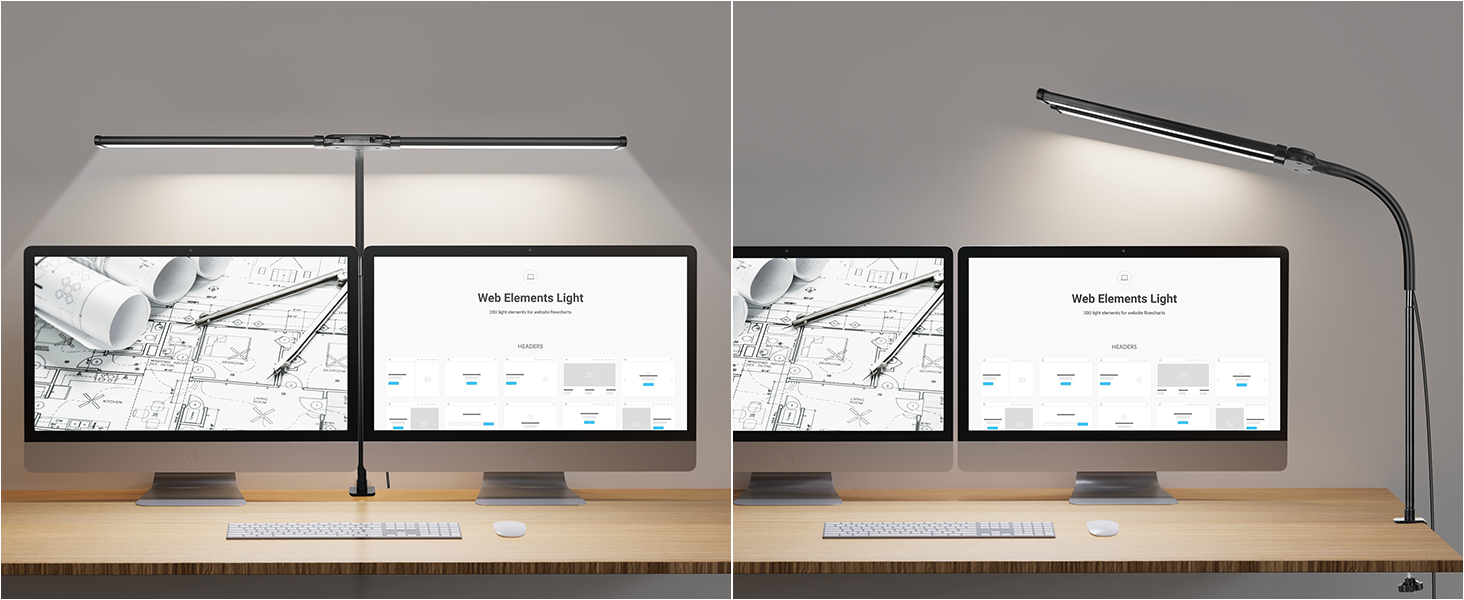 LED лампа настільна з двома головками, регулювання яскравості, 960 люмен, захист очей, 5 кольорів, 10 рівнів яскравості, для офісу та дому, чорна, 61 см